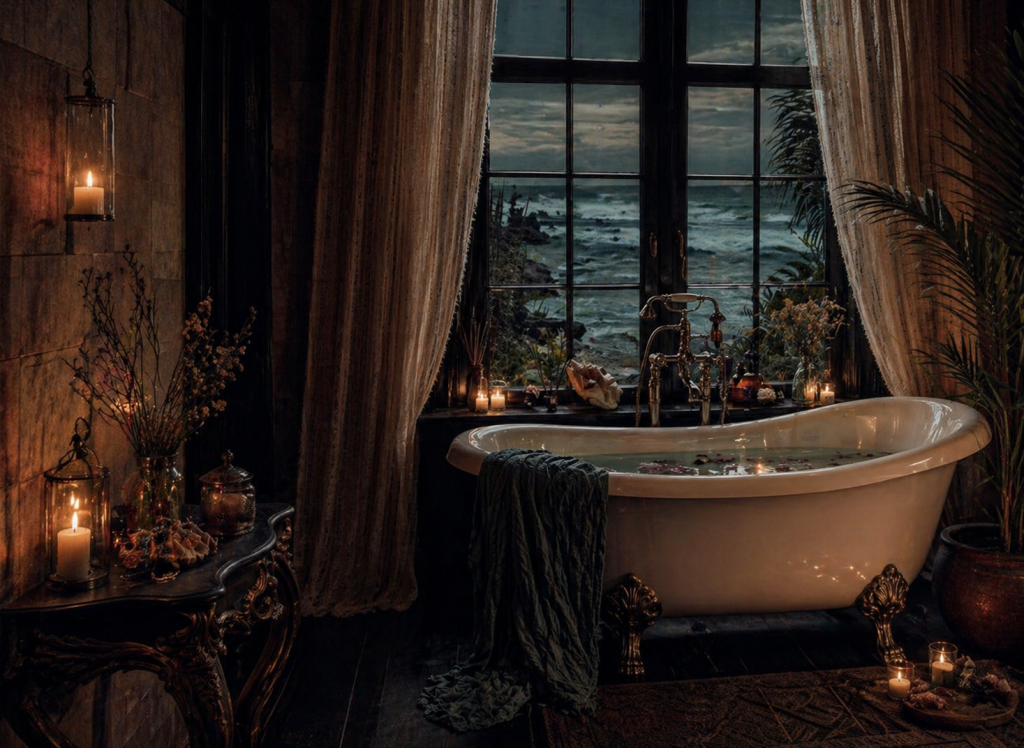 Faelorin Beautiful Bath with Water Candles Flowers by Window in Soft Light Beautiful Bath with Water Candles Flowers by Window in Soft Light