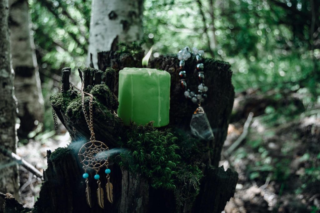 Faelorin - Green Candle on Altar in Woodland Green Candle on Altar in Woodland