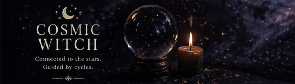 Faelorin Banner Image - Cosmic Witch Banner Image - Cosmic Witch - Crystal Ball Moon Stars Candle Galaxy