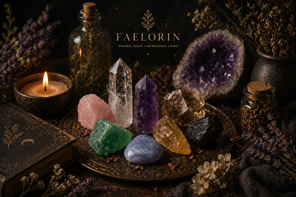 Faelorin Selection of different shape and colour beautiful crystals next to a lit candle Selection of different shape and colour beautiful crystals next to a lit candle