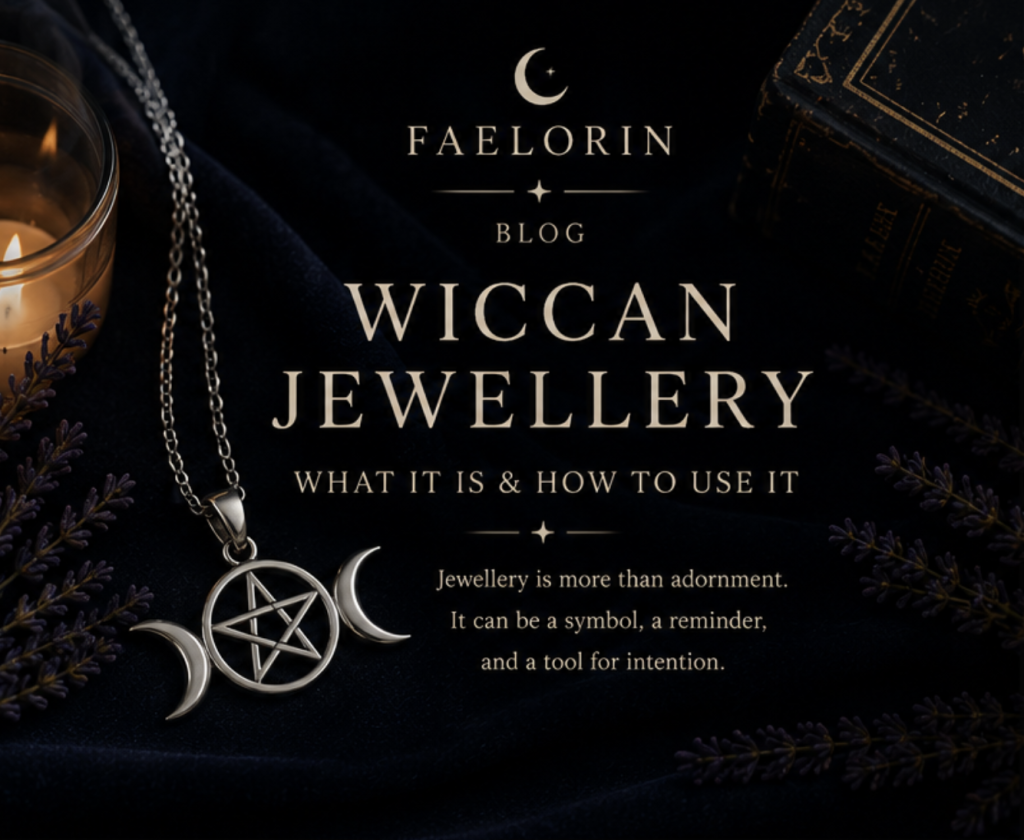 Wiccan necklace next to dimly lit candle. Wiccan Jewellery