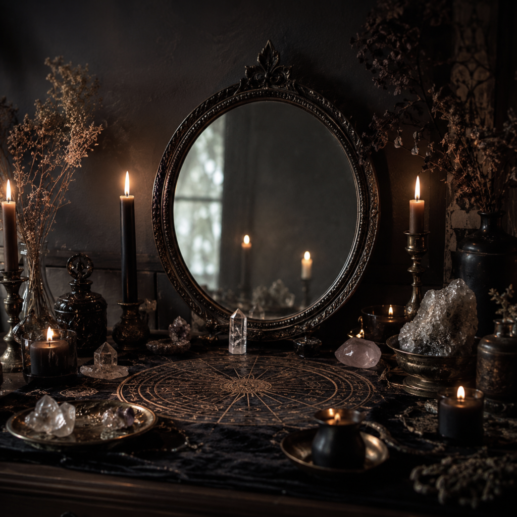 Faelorin | Gothic Mirror Faelorin | Gothic Mirror surrounded by lit candles and different crystals