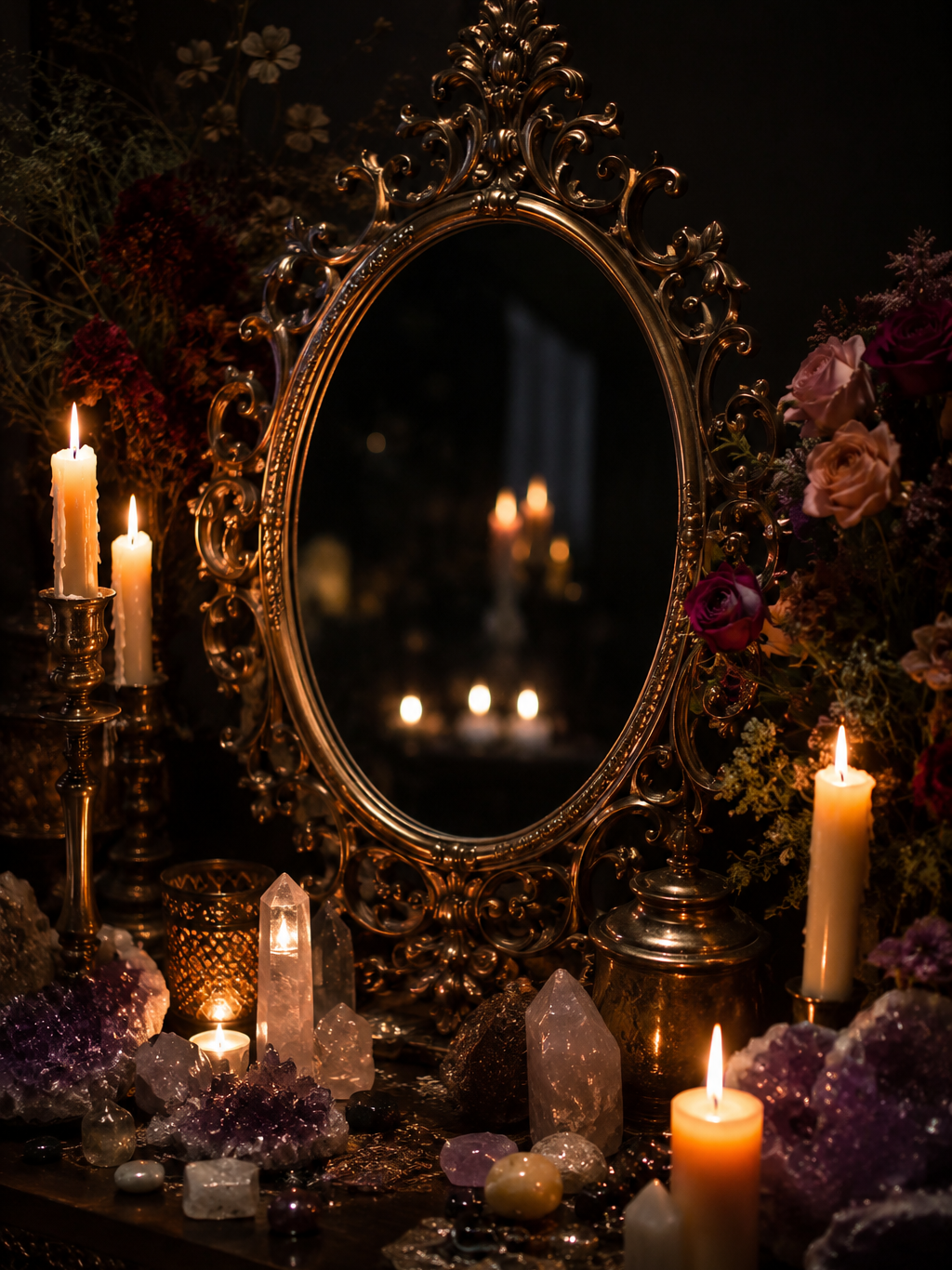 Faelorin | Beautiful ornate mirror surrounded by crystals and lit candles Faelorin | Beautiful ornate mirror surrounded by crystals and lit candles