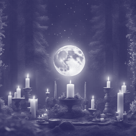 Faelorin | Slate Grey Moon Shines Down on Candles on an Altar Faelorin | Slate Grey Moon Shines Down on Candles on an Altar