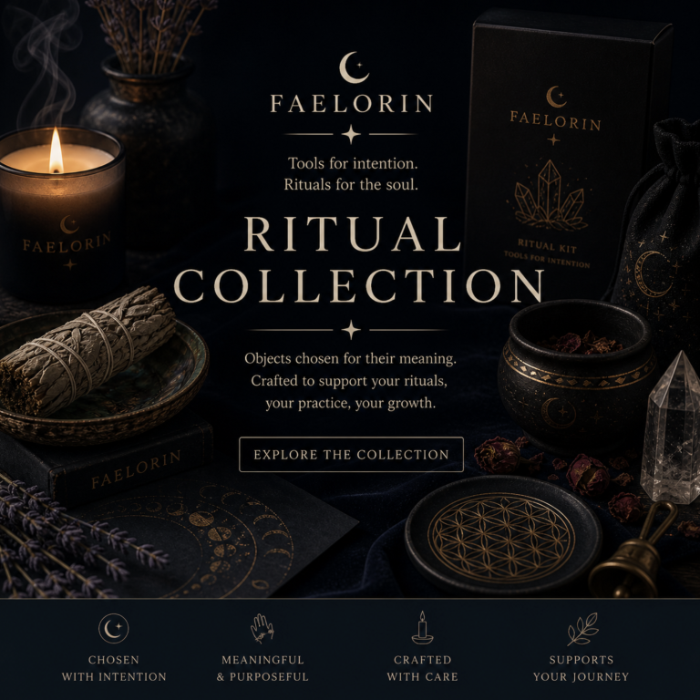 Dark-themed display featuring candles, crystals, and ritual items for spiritual practice.