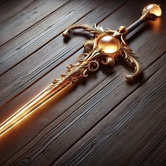 A decorative sword with a glowing blade and ornate golden handle, resting on wooden surface.