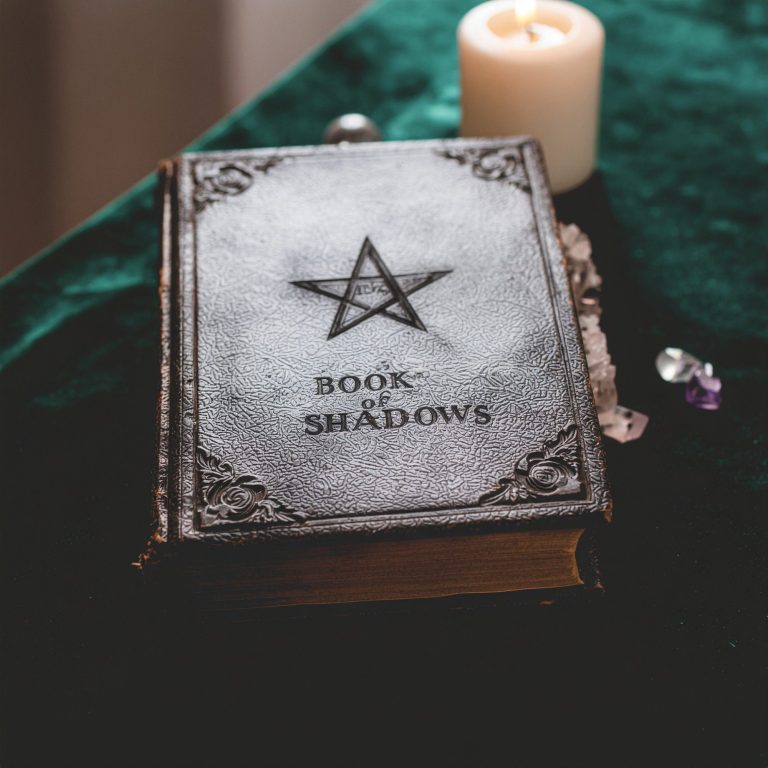 Faelorin - Wiccan Book of Shadows A leather-bound book titled "Book of Shadows" beside a candle and crystals.