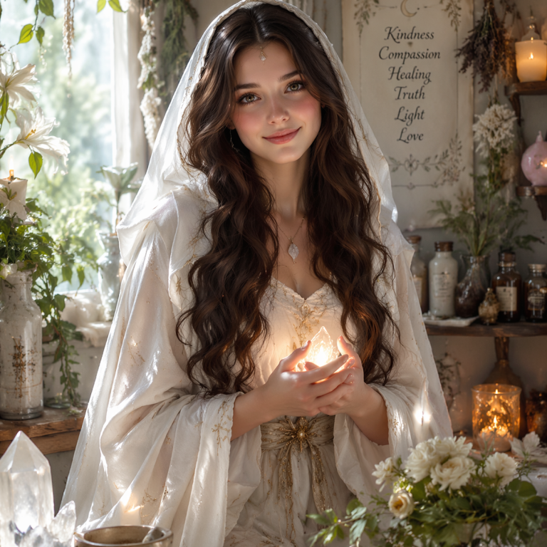 Faelorin - Witch in Herb Garden with Candles A young woman in a flowing gown and veil, holding a glowing crystal, surrounded by flowers.