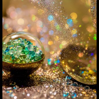 Green gemstones in a glass bowl, surrounded by shimmering, multicoloured sparkles.