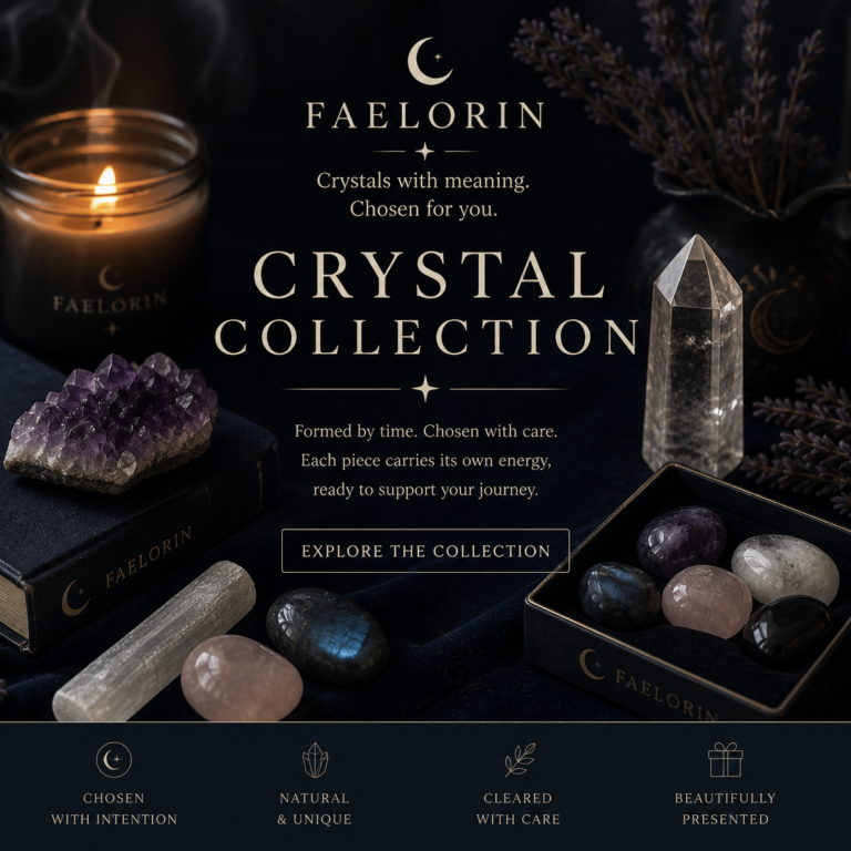 Luxury display of crystals, candle, and decorative elements on a dark background.